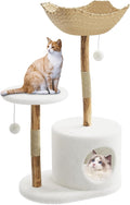 43 in Modern Natural Wood Cat Tree for Cats Aesthetic Cat Tower with Large Basket, Scratching Posts and Real Branch Design, White Luxury Cats Tree One Perch