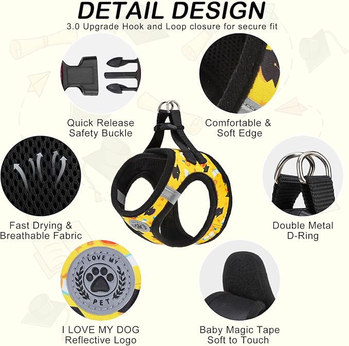 BEAUTYZOO Small Dog Harness and Leash Set,Step in No Choke No Pull Soft Mesh Dog Harnesses Reflective for Extra-Small/Small Medium Puppy Dogs and Cats,Yellow M