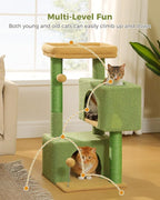 32" Cactus Cat Tree Tower for Indoor Cats - 2 Cozy Condos, Multi-Level Cat Scratching Posts with Sisal, Soft Padded Perch, 2 Dangling Toys, Green