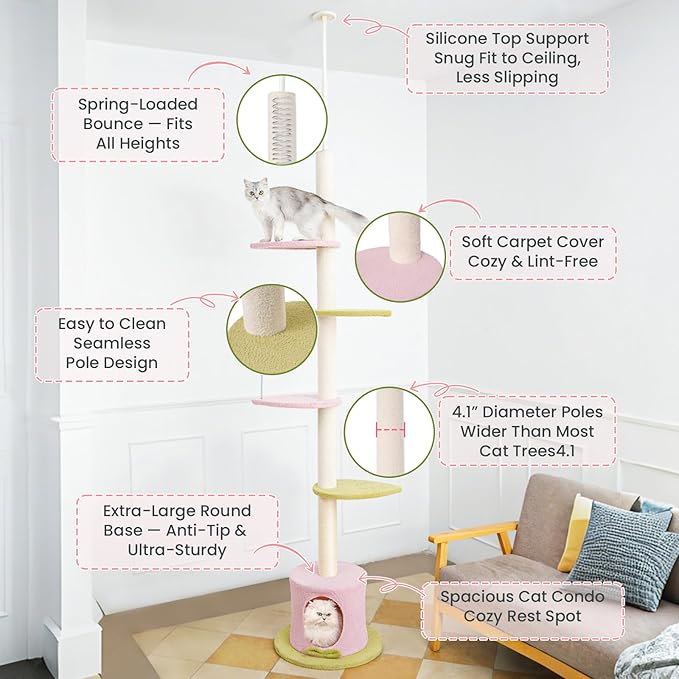 Max & Marlow Cat Tree Floor to Ceiling Cat Tower Height 95-108" Adjustable Kitten Tree Tall Climbing Tree with Carpet Scratching Post and Mat Cat Pole for Indoor Cats, Pink