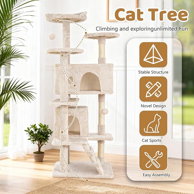 BestOffice 54 Inch Cat Tree, Multi-Level Cat Tower with Condo, Perches, Sisal Scratching Posts, Climbing Ladder,Indoor Activity Center Play House for Kittens & Adult Cats, Beige
