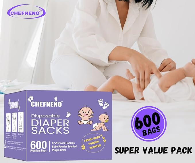 Baby Disposable Diaper Sacks (600 ct.) Fresh Baby Powder Scented, Easy-Tie Diaper Sacks Disposal Bulk Diaper Sacks Dog Poop Bags Cat Litter Waste Bags Sanitary Pads Disposal Bags (600 Bags, Purple)