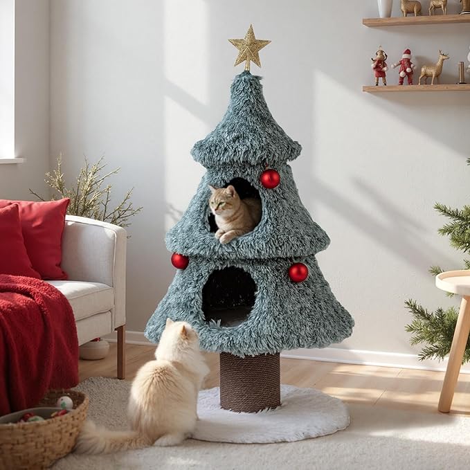 PETSITE 48.5 Inches Cat Christmas Tree, Cute Cat Tower with Scratching Post, 2 Comfy Condos and Decorative Festival Dangling Balls, Star-Shaped Ornament Sits at The Top, Soft Polar Fleece Covered