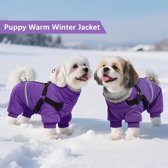 BRKURLEG Purple Dog Coat with Harness, Dog Winter Jacket, Dogs Onesie Body Warm Jackets, Small Dogs Winter Coats Reflective Windproof Warm Cold Weather Coats, Pet Waterproof Jackets, XL