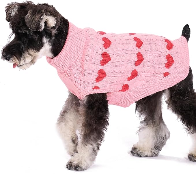 KOOLTAIL Valentine's Day Dog Sweater Turtleneck, Cold Weather Pullover Classic Knitwear, Heart Pattern Thick Warm Winter Pet Clothes, Cable Knit Sweater for Small Medium Large Dogs Girl Boy, Pink SM