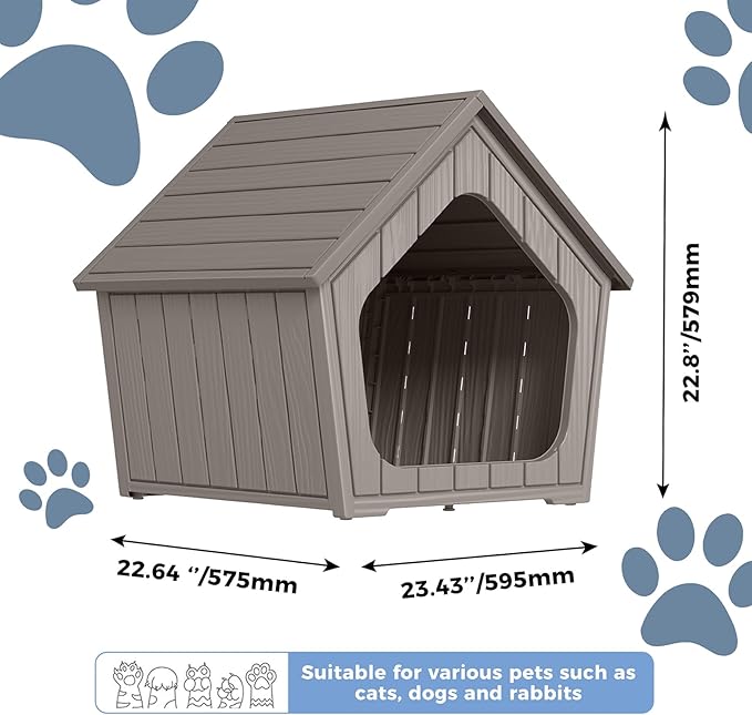 Dog House Indoor Outdoor Puppy Kennel Animal Shelter Water Resistant Easy Assembly Sturdy Dog Bed with Air Vents and Elevated Floor(Grey,23.4 * 22.6 * 22.8in)