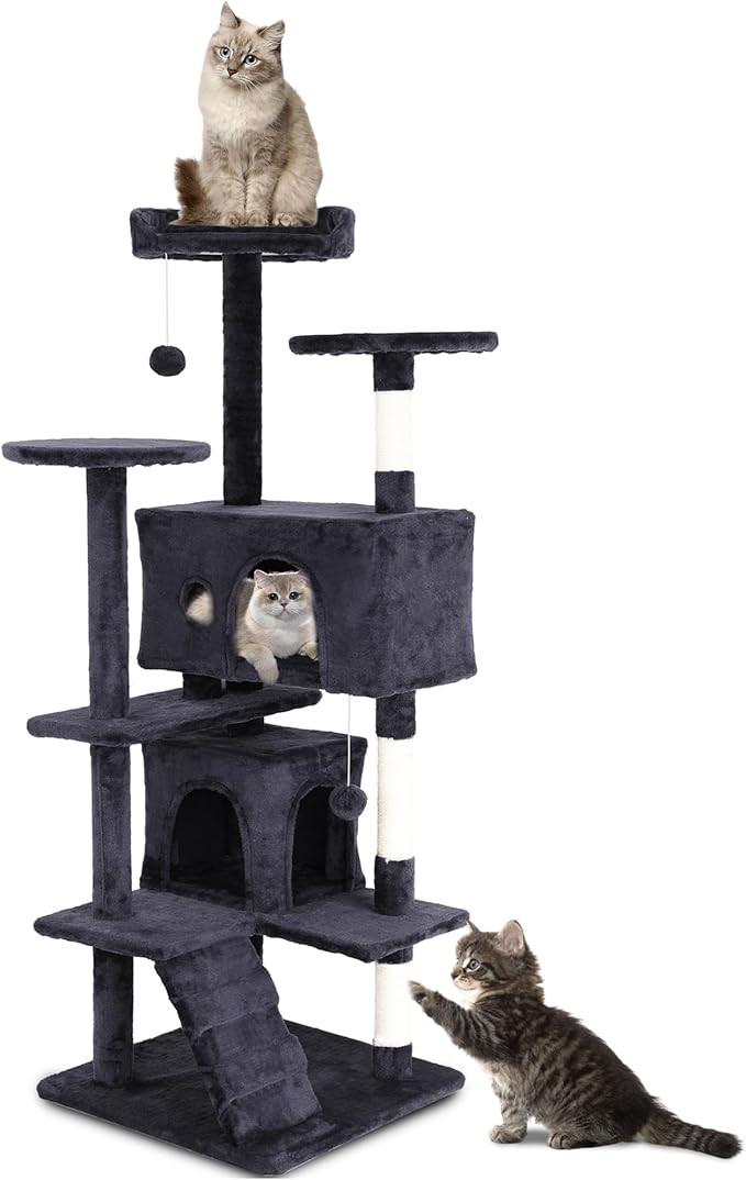 54" Cat Tree, Cat Tower for Indoor Cats, Cat Jumping Platform & Cat Scratching Post, Cat Condo with Spacious Cat Bed Cave & Hidden Space, Dark Gray