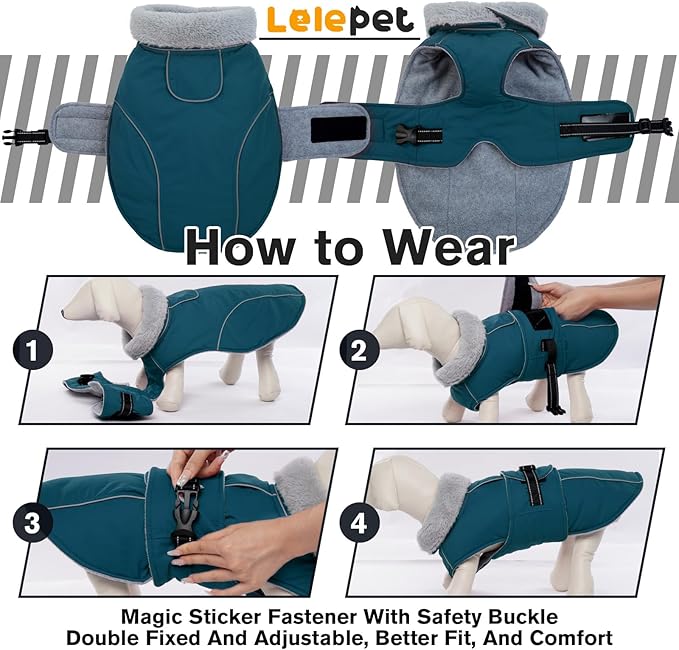 Lelepet Warm Dog Coats for Large Dogs Waterproof Dog Winter Jacket Reflective Pet Fleece Vest Windproof Cold Weather Coats with Adjustable Buckle & Leash Hole, Dark Green, XXL