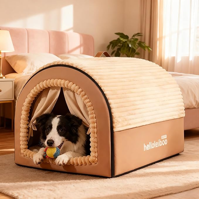 Dog House Indoor, Dog Beds with Privacy Door, Washable Pet Bed Tent, Warm Soft Dog Bed Cave,for Small Medium Extra Large Dogs (Brown, L)