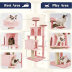 58.5inch Large Cat Tree Tower Condo for Indoor Cats, Soft Plush Multi-Level Climbing Tree Cat House with 1 360° Rotating Cat Cave, Scratching Post, More Entrance/Exit, Sisal Rope, Pink