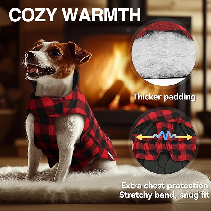 VIVAGLORY Softjoy Dog Coat, Dog Jacket for Winter & Christmas, Coat with Harness Hole, Reversible Plaid Checkered Warm Fluffy Heavy Duty for Puppy, XXS, Red Black
