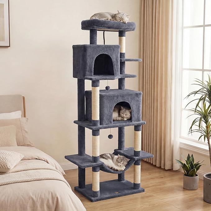 PETSITE 70-inch Tall Cat Tree, Modern Multi-Level Cat Tower with 2 Comfy Condos, Sisal Scratching Posts, Snug Hammock, and Dangling Ball, Ideal for Indoor Cats and Kittens (Dark Grey)