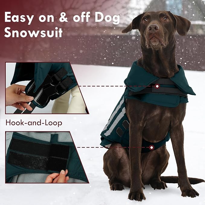 Dog Coat for Large Dogs Waterproof Winter Jacket with Harness Hole Turtleneck Hook & Loop Snowsuit Warm Fleece Dog Jacket for Cold Weather Windproof, Green XL