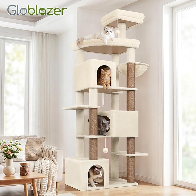 Globlazer Extra Large Cat Tree Tower for Indoor Cats Large Adult, 80in Tall Heavy Duty Cat Tree with 3 Spacious Cat Condos, Oversized Fan-Shaped Perch, 6 Full Sisal Scratching Posts, S80, Beige