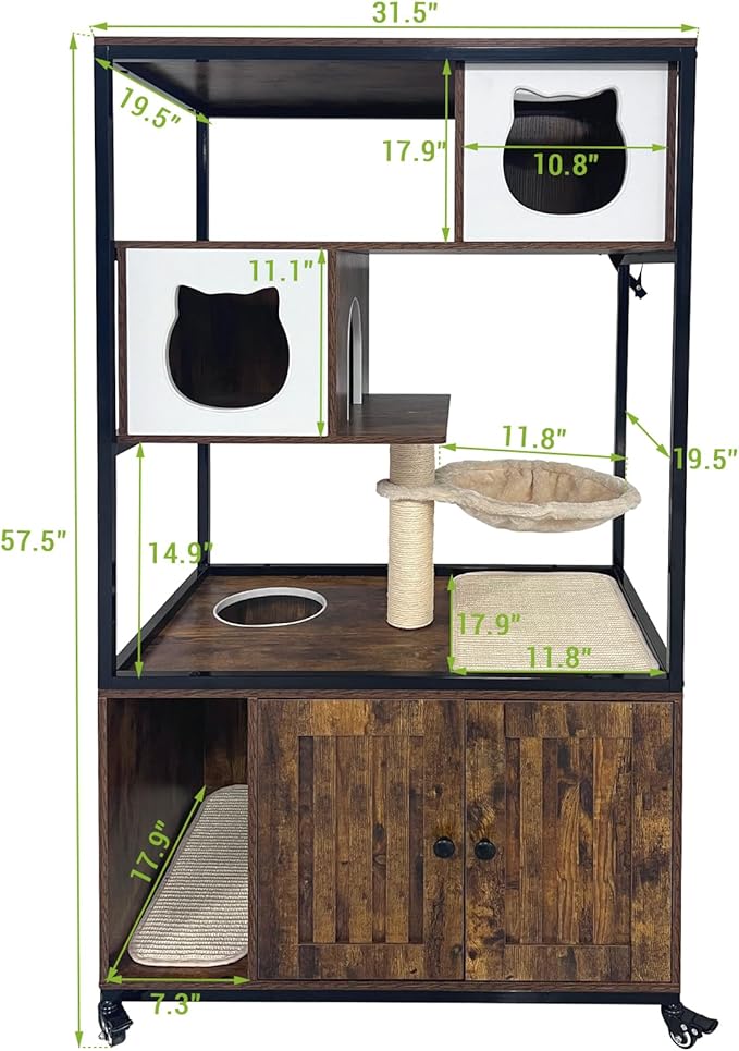 GarveeHome Cat Tree with Litter Box Enclosure 57.5 in H Wooden Cat Tower Cabinet with Wheels Dog Proof Corner Hidden Litter Box with Condo, Hammock and Scratching Post Retro Brown