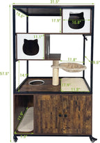 GarveeHome Cat Tree with Litter Box Enclosure 57.5 in H Wooden Cat Tower Cabinet with Wheels Dog Proof Corner Hidden Litter Box with Condo, Hammock and Scratching Post Retro Brown