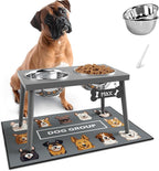 Raised Dog Bowl Stand for Large Dogs, 10” Tall Elevated Feeder with Spill-Proof Mat, Stainless Steel 58OZ Bowls for Food & Water, Gray Color (Mat Size: 16x24”)