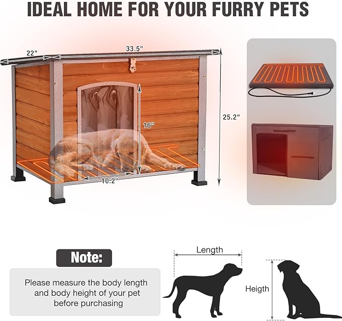 33.3’’ Heated Outdoor Dog House Weatherproof Insulated Dog Kennel with Metal Frame, Dog Shelter with Heating Pad, 6-Sided Insulated Liner and PVC Door Curtain for Winter (Brown)