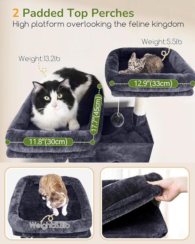 Globlazer Heavy Duty Cat Tree Tower 80in Tall Extra Large Cat Tree Tower for Multiple Indoor Cats Large Adult with Scratching Posts, 2 Spacious Condos, Padded Perches, Soft Hammock, S80B, Dark Grey