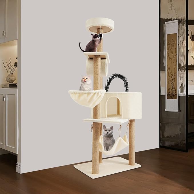 Cat Tree, W23.6*D15.7*H63in Cat Climbing Tower for Indoor Cats, Multi-Layer Cat Condo with Cat House, Hammock, Jumping Platforms, Scratching Posts, Holds 7.5kg/16.5lbs (Beige)