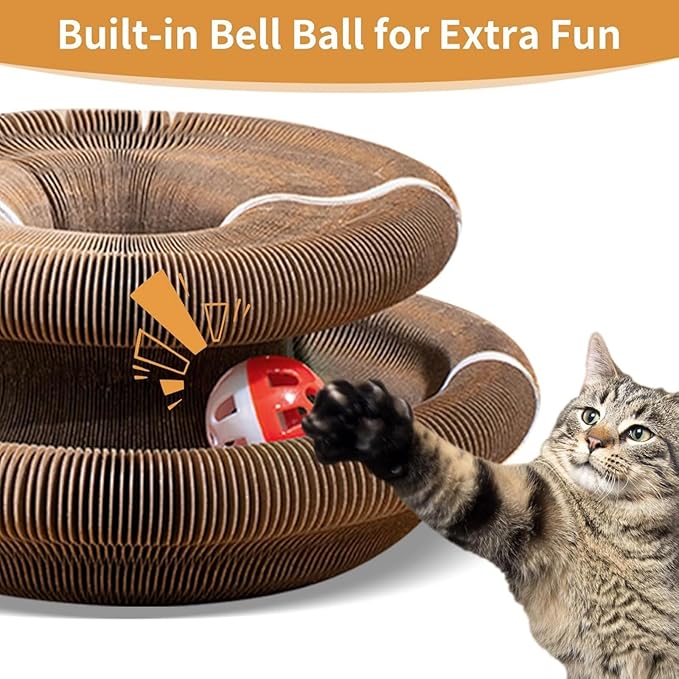 Kitty Curlz Cat Scratcher for Indoor Cats - Magic Organ Interactive Cat Toy with Bell Ball, Upgraded Durable Cardboard Scratching Board for Cats & Kittens, Anxiety Relief
