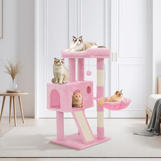 36 Inch Cat Tower for Indoor Cats, Multi Level Cat Condo with Scratching Post, Ramp, Plush Perch, Cat Cave, Basket, Cat Activity Center w/Ball for Small Space, Soft Pink