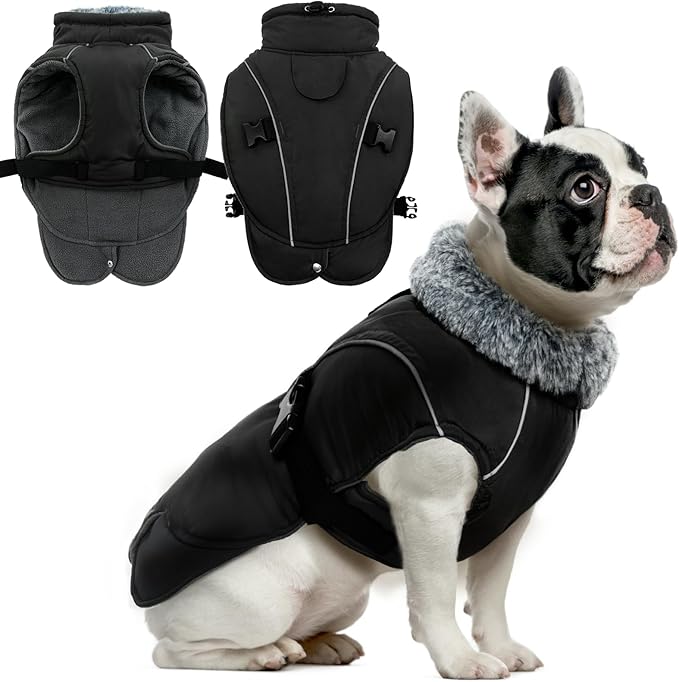 DENTRUN Winter Warm Dog Coat Reflective Jacket with Turtleneck for Cold Weather, Adjustable Buckle Windproof Water Repellent, Thick Snowsuit Fleece Vest for Small, Medium, Large Dogs, Black, S