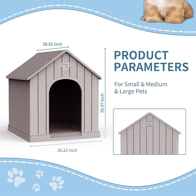 Dog House Outdoor Weatherproof，Waterproof Resin Outside Dog House with Elevated Floor and Air Vents, Durable Doghouse for Samll Medium Large Dogs (Light Grey, 38.62" L×36.26" W×38.07" H)