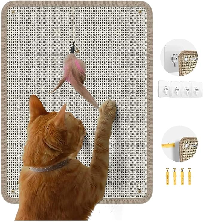 Cat Nail File Scratcher - Natural Sisal Scratch Mat with 80-Grit Aluminum Oxide, Adhesive Sheets & Expansion Screws for Secure Wall/Floor Mounting, Ideal for Trimming Cat Claws (13.38×16.53)