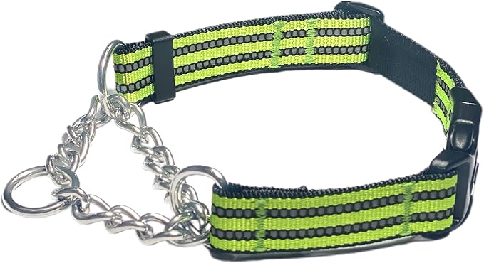 Martingale Collars for Dogs, Heavy Duty Stainless Steel Chain Training Collar, Reflective Nylon Adjustable Collar with Quick Release Buckle, Suitable for Puppy Medium Large Dogs (Green, L)