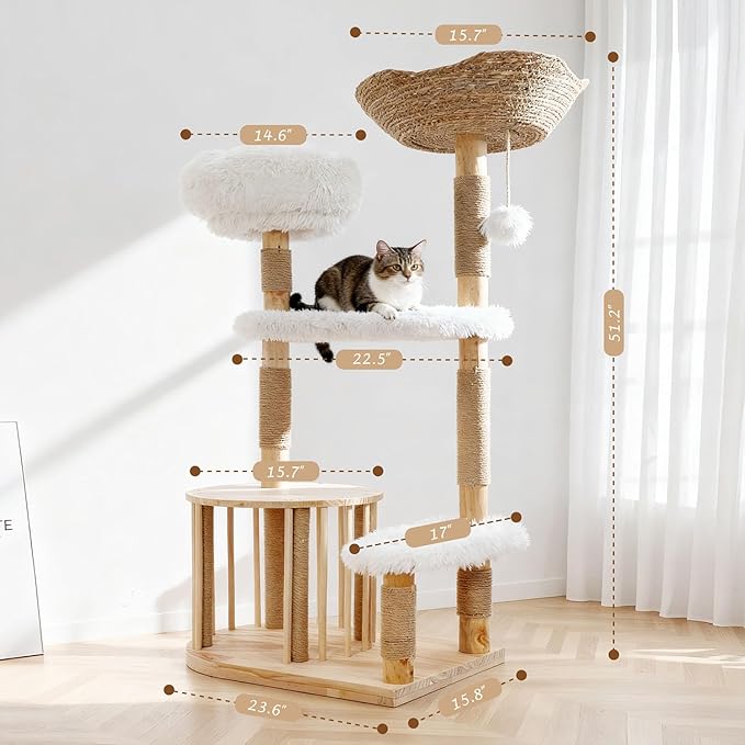 Cats Tree, 51" Modern Cat Tree Tower Natural Solid Wood Cat Furniture Luxury Condo & Dual Perches, Multi-Level Solid Wood Cat Tree Tower with Large Basket for Big Cats, White