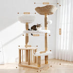 Cats Tree, 51" Modern Cat Tree Tower Natural Solid Wood Cat Furniture Luxury Condo & Dual Perches, Multi-Level Solid Wood Cat Tree Tower with Large Basket for Big Cats, White