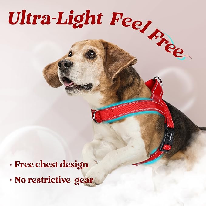 rabbitgoo Dog Harness No Pull, Quick Fit for Large Dogs with Soft Padded Handle, Chest Adjustable Reflective Pet Vest, No Choke Escape Proof for Walking Training, Red L