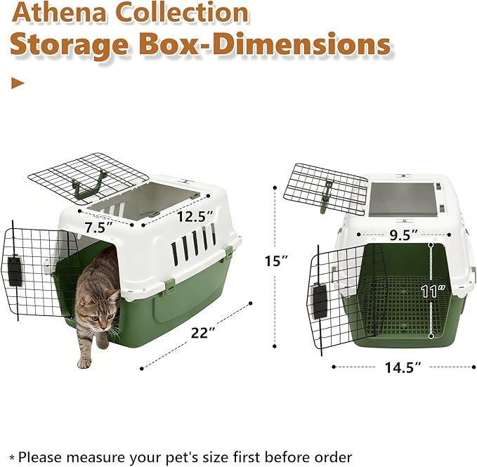 Athena Collection 22" Hard-Sided Travel Pet Carrier for Small Dogs and Cats, Plastic Dog Crate with 2-Door Top & Front Load, Ventilation, Security Lock, Cat Dog Carrier for Pet, up to 22lbs, Green