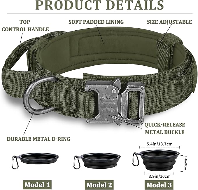 COOYOO Dog Collar,3 Piece Set Tactical Dog Collars, Adjustable Military Training Nylon Dog Collar with Control Handle and Heavy Metal Buckle for Medium and Large Dogs