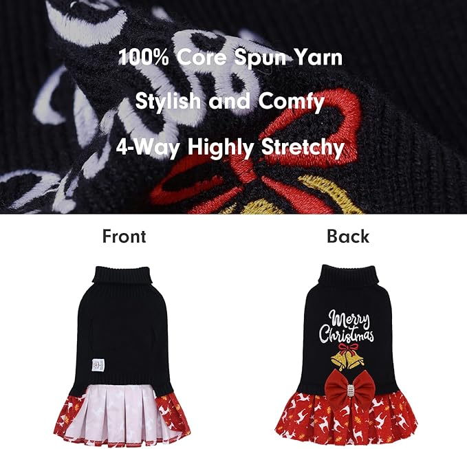 CuteBone Christmas Dog Sweater for Small Dogs Girl, Turtleneck Medium Dog Sweater with Bowtie Leash Hole, Warm Pet Sweaters Knitwear for Small Dogs DS106XL