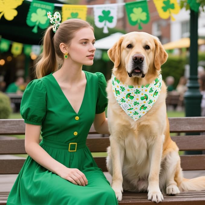 E-Clover St Patricks Day Dog Bandana & Matching Scrunchie Set Cute Girl Dog Scarf Bibs Pet Bandanas with Bow Tie for Medium Large Dogs Owner Mom Green