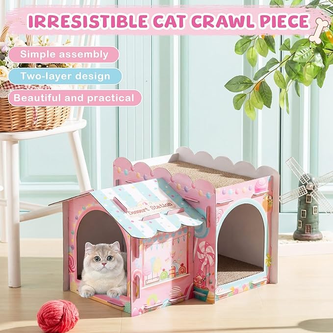 2 Story Cardboard Cat House with Scratcher Pad for Small Kitten,17x12x10 Multi Level Durable Cat Condo & Villa for Bunny Rabbit Small Animals Christmas Birthday Gift(Confectionery)