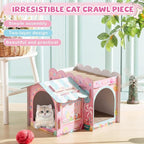 2 Story Cardboard Cat House with Scratcher Pad for Small Kitten,17x12x10 Multi Level Durable Cat Condo & Villa for Bunny Rabbit Small Animals Christmas Birthday Gift(Confectionery)