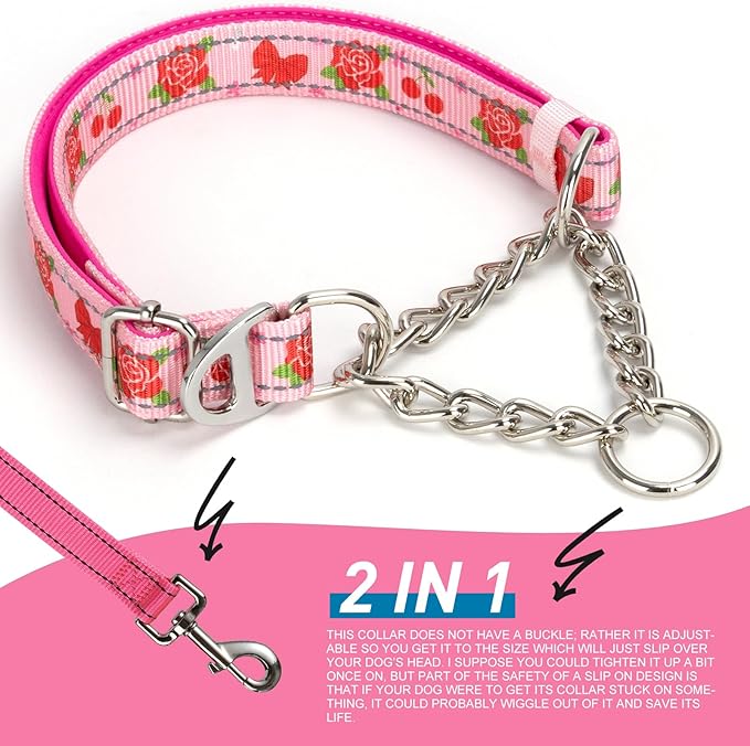 Rose Dog Collar Martingale with Chain - Reflective No-Pull Adjustable Training Collar, Floral Design for Medium, Large Dogs(XL)