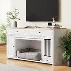 63" Dog Crate Furniture with 2 Drawers & Cabinets, Heavy Duty Wooden Dog Kennel TV Stand for Medium/Large Dogs, Dog Kennel Indoor Dog Cage with Storage, Decorative Pet Crate Sideboard, White