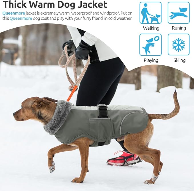 Queenmore Dog Cold Weather Coats, Fleece Collar Pet Apparel for Cold Weather, Dog Snowsuit, Cozy Winter Dogs Jackets Winter with Quick Release, Grey, XXL