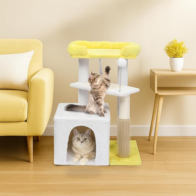 Outvita Cat Tree 27.5in Small Cat Tower, Multi-Level Cat Tree Tower with Cat Scratching Post and Pad, Cozy Cat Condo, Padded Top Bed for Kittens and Indoor Cats, Yellow & White