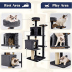 58 Inch Cat Tree Cat Tower for Indoor Cats Tall Cat Condos Scratching Post with Hanging Toy Furniture for Kitten Pets Play, Grey Black