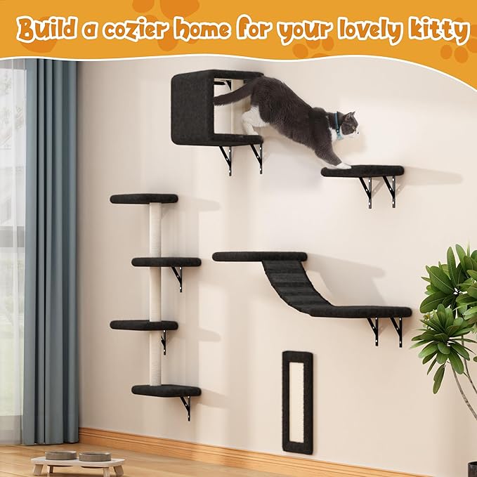 5 Pcs Wall-Mounted Climber Set, Wood Indoor with Shelves and Perches, Ladder, Condo House, Scratching Board and Tree, Wall Shelves Furniture for Cats (Black)