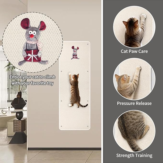 FHTONGE 39.4x15.8 Thickened Cat Wall Climbing Carpet with 16 Fixed Nails, Extra Large Tall Cat Scratch Pad for Wall, Wall Mounted Climbing Cat Scratcher for Furniture Couch Sofa Protector(MilkyWhite)