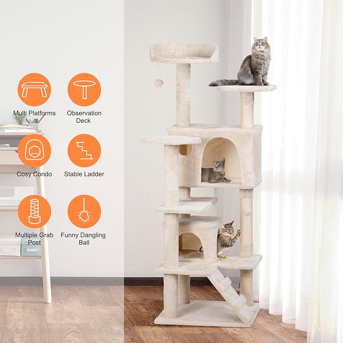 LEMY 54 Inch Cat Tree,Multi-Level Cat Tower Condo for Indoor Kittens,Beige Cat House with Sisal-Covered Scratching Post for Cats to Play and Sleep
