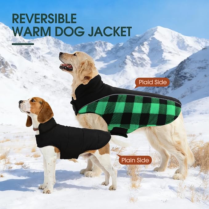 Kuoser Dog Winter Coat, Reversible Waterproof Dog Jacket with Reflective Strip, Warm Dogs Fleece Vest Adjustable Doggy Cold Weather Clothes Plaid Christmas Outfit Pet Apparel for Large Dogs, Green 2XL