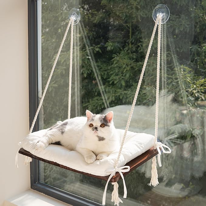 CHEERPALS Cat Window Perch for Indoor Cats, Wooden Cat Bed for Window with Washable Cushion, Hanging Kitty Hammock Suitable for Small-to-Large Cats