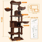 68 Inches Multi-Level Large and Tall Cat Tree Tower for Indoor Cats/Removable Pad/Cat Condo/Sisal Scratching Posts/Hammock/Cat Activity Center/Wide Base